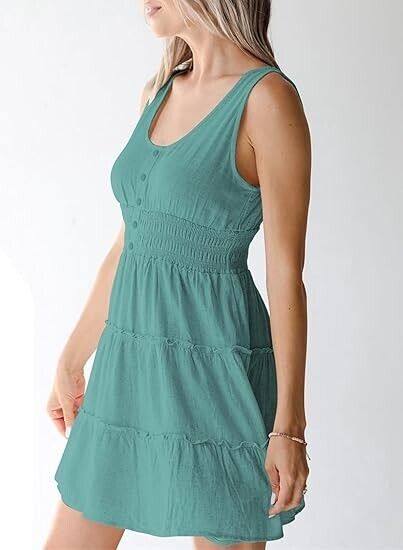 Dokotoo Women Summer Sleeveless Button Down Smocked Empire Waist Ruffle Dress, M