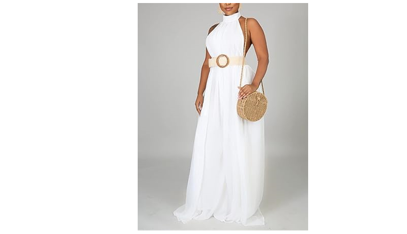 Ekaliy Women Sexy Summer Jumpsuit Halter Neck Sleeveless Chiffon Wide Leg Long,L