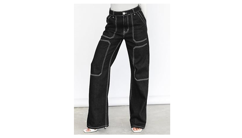 Dokotoo Womens Casual Mid Waist Cargo Jeans for Women Stretch Wide Leg Denim, 16