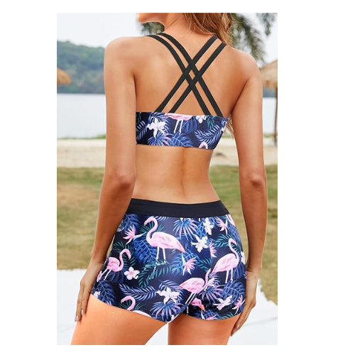 Yonique Tankini  for Women 3 Piece Bra Modest Swimwear Black Flamingo XXL