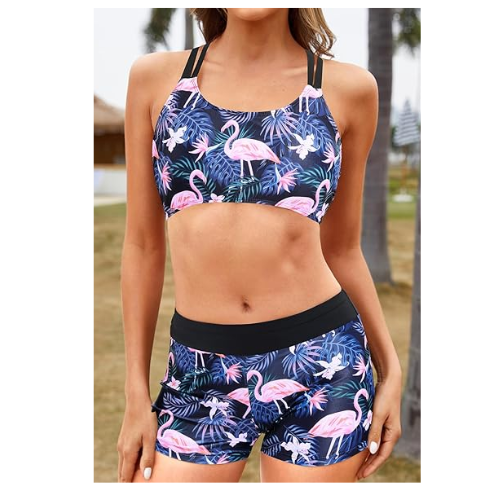 Yonique Tankini  for Women 3 Piece Bra Modest Swimwear Black Flamingo XXL