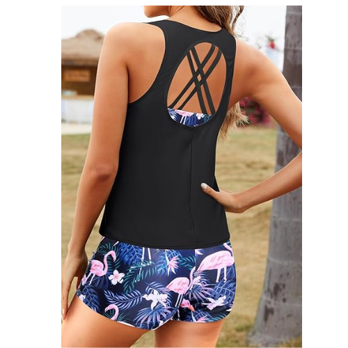 Yonique Tankini  for Women 3 Piece Bra Modest Swimwear Black Flamingo XXL