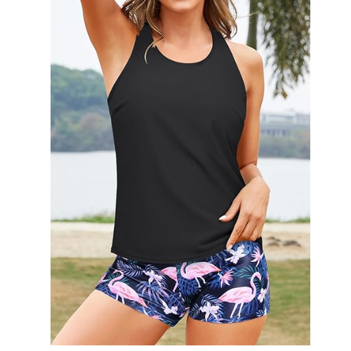Yonique Tankini  for Women 3 Piece Bra Modest Swimwear Black Flamingo XXL