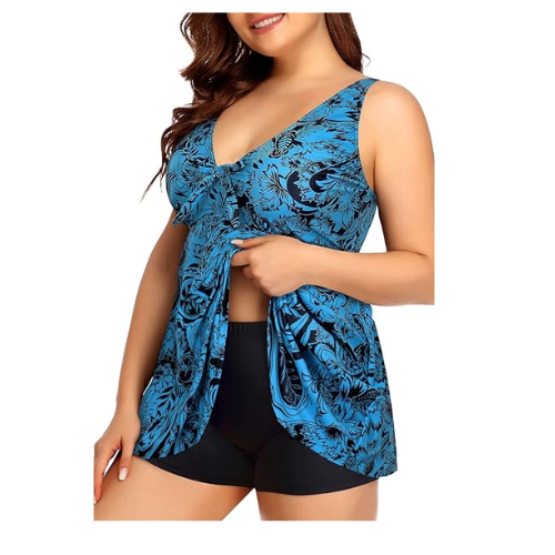 Yonique Two Piece Plus Size Tummy Control Swimwear Blue Paisley 26plus
