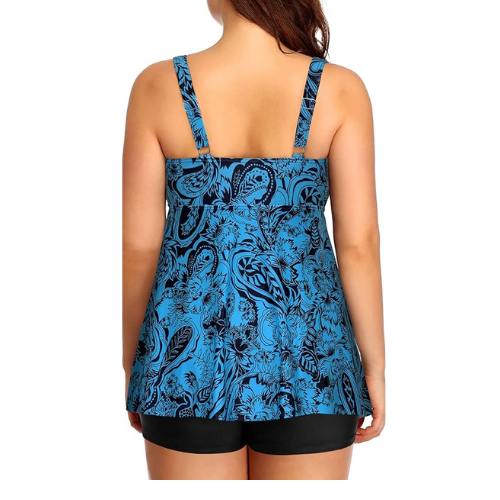 Yonique Two Piece Plus Size Tummy Control Swimwear Blue Paisley 26plus