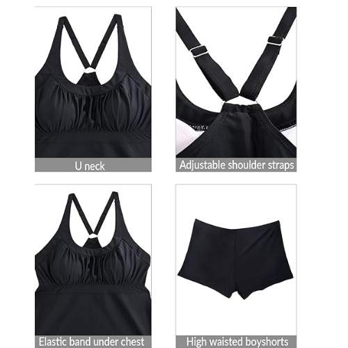 Yonique Two Piece Tankini  Top with Boy Shorts Modest Swimwear Black , M
