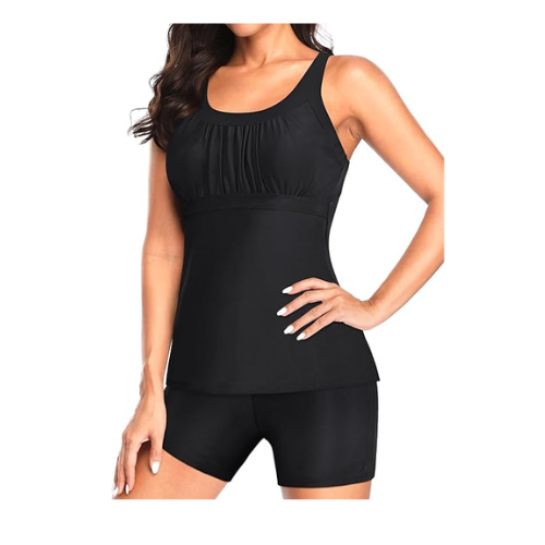 Yonique Two Piece Tankini  Top with Boy Shorts Modest Swimwear Black , M