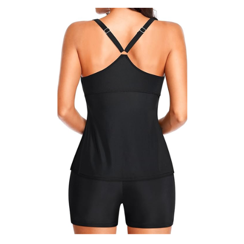 Yonique Two Piece Tankini  Top with Boy Shorts Modest Swimwear Black , M