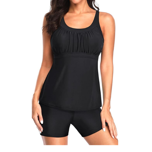 Yonique Two Piece Tankini  Top with Boy Shorts Modest Swimwear Black , M