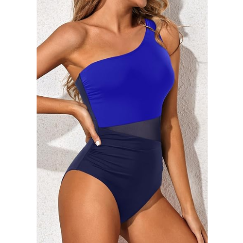 Yonique Women One Piece One Shoulder  Suit Tummy Control Swimwear Navy Blue M