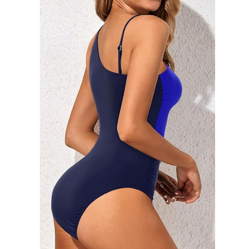 Yonique Women One Piece One Shoulder  Suit Tummy Control Swimwear Navy Blue M