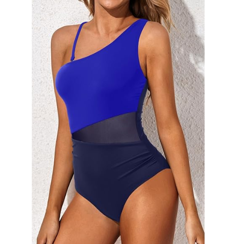 Yonique Women One Piece One Shoulder  Suit Tummy Control Swimwear Navy Blue M