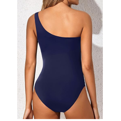 Yonique Women One Piece One Shoulder  Suit Tummy Control Swimwear Navy Blue M