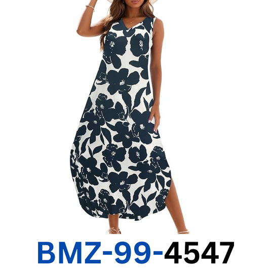 Zilcremo Women's summer  V Neck Split Tshirt Maxi Dresses Darkbluefloral XL