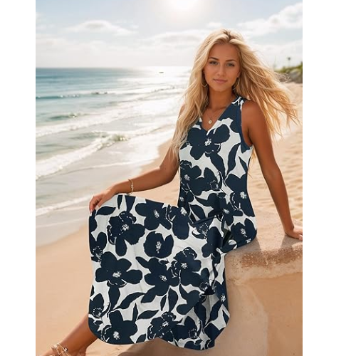 Zilcremo Women's summer  V Neck Split Tshirt Maxi Dresses Darkbluefloral XL