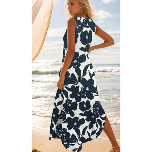 Zilcremo Women's summer  V Neck Split Tshirt Maxi Dresses Darkbluefloral XL