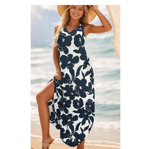 Zilcremo Women's summer  V Neck Split Tshirt Maxi Dresses Darkbluefloral XL