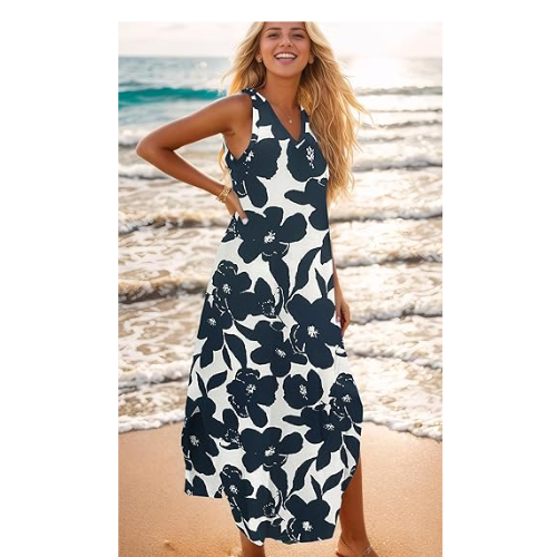 Zilcremo Women's summer  V Neck Split Tshirt Maxi Dresses Darkbluefloral XL