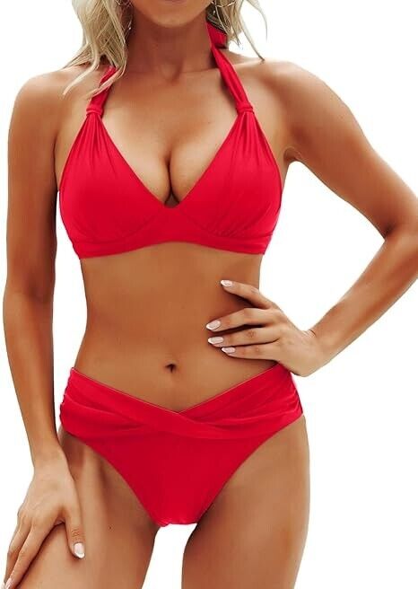Yonique Womes Two Piece Bathing Suits Push Up Bikini Set Halter Swimsuit, Red, M