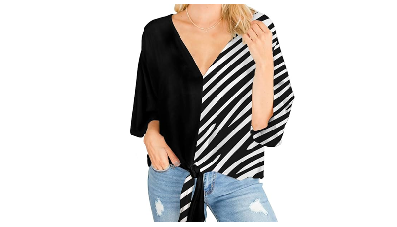 Ckikiou Womens Plus Size V Neck Knot Tie Front Summer Chiffon Blouses, XXL