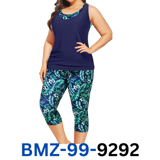 Yonique 3 Piece Plus Size Swimsuits  Bathing Suits Navy Blue Leaf Print 22 Plus
