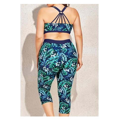 Yonique 3 Piece Plus Size Swimsuits  Bathing Suits Navy Blue Leaf Print 22 Plus