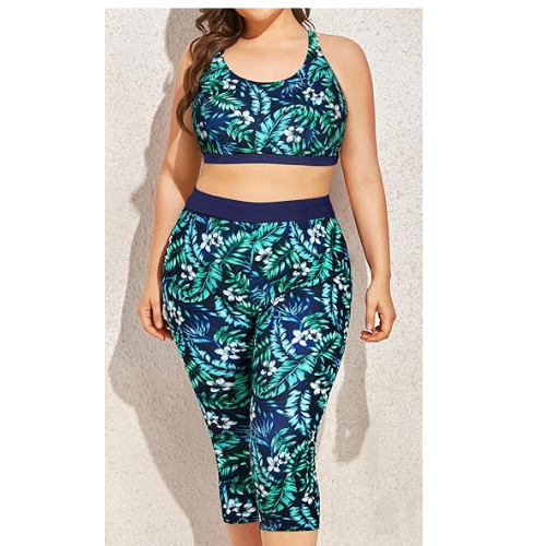 Yonique 3 Piece Plus Size Swimsuits  Bathing Suits Navy Blue Leaf Print 22 Plus