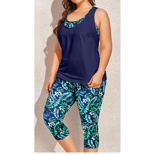 Yonique 3 Piece Plus Size Swimsuits  Bathing Suits Navy Blue Leaf Print 22 Plus