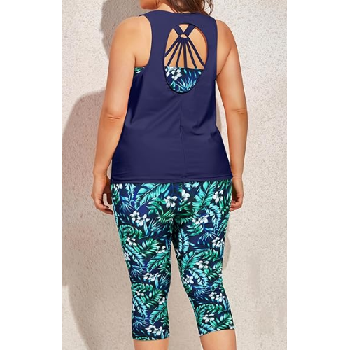 Yonique 3 Piece Plus Size Swimsuits  Bathing Suits Navy Blue Leaf Print 22 Plus