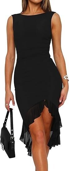 BORIFLORS Women Sexy Ruched Bodycon Midi Elegant Sleeveless Backless Dress Blk S