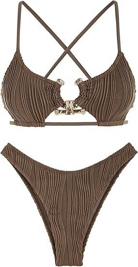 ZAFUL Women's Bikini Sets Cute Cutout Sexy High Cut Two Piece Swimsuit, Brown, S
