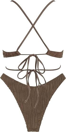ZAFUL Women's Bikini Sets Cute Cutout Sexy High Cut Two Piece Swimsuit, Brown, S