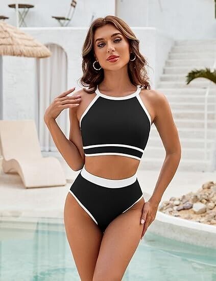 Blooming Jelly Women Halter High Waisted Bikini Set Sexy High Cut Swimsuit Blk M
