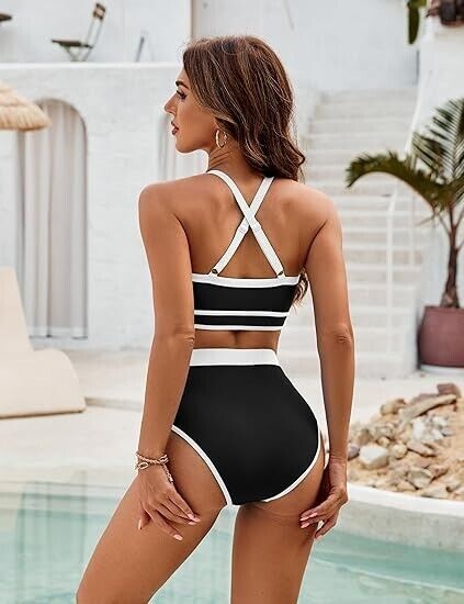 Blooming Jelly Women Halter High Waisted Bikini Set Sexy High Cut Swimsuit Blk M