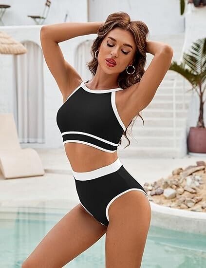 Blooming Jelly Women Halter High Waisted Bikini Set Sexy High Cut Swimsuit Blk M