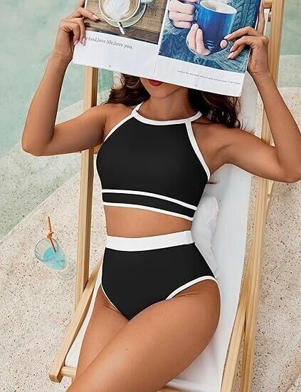 Blooming Jelly Women Halter High Waisted Bikini Set Sexy High Cut Swimsuit Blk M
