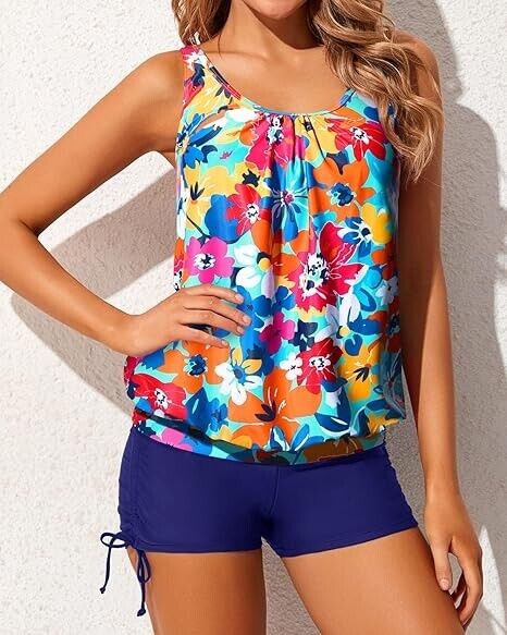 Yonique Blouson Tankini Swimsuits for Women Two Piece Bathing Suits Tops, Medium