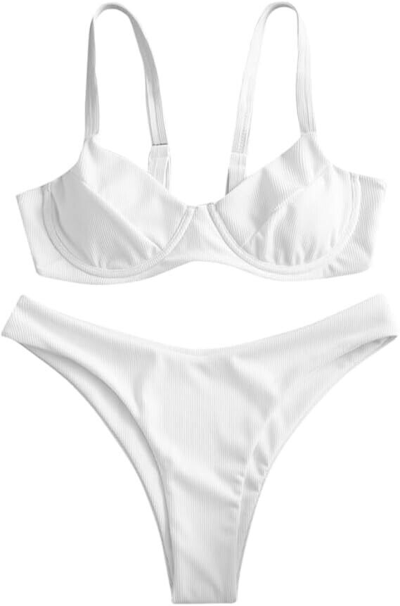 ZAFUL Underwire High Leg Ribbed Bikini Swimsuit Two Pieces Set, White, Small