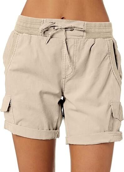 Dokotoo Trendy Ladies Cargo Shorts Hiking Casual Pleated Stretchy Shorts Khaki M