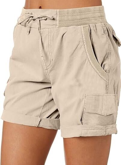 Dokotoo Trendy Ladies Cargo Shorts Hiking Casual Pleated Stretchy Shorts Khaki M
