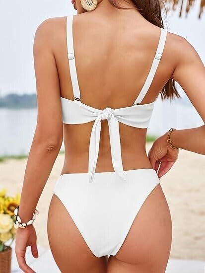 ZAFUL Underwire High Leg Ribbed Bikini Swimsuit Two Pieces Set, White, Small