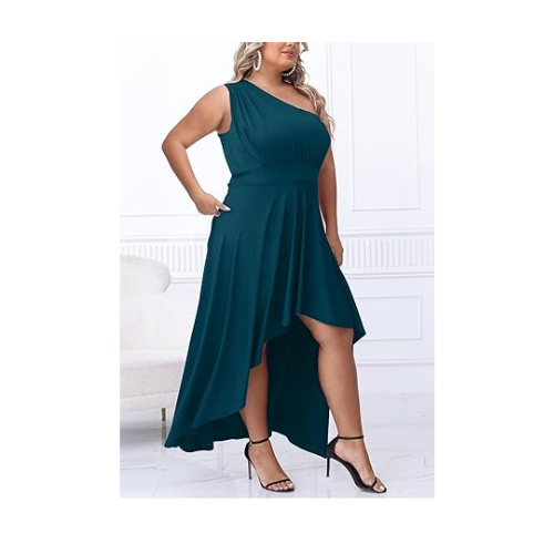 Ekaliy One Shoulder Maxi Dress for Curvy Women  Hem Flowy Summer Dress Teal 3XL