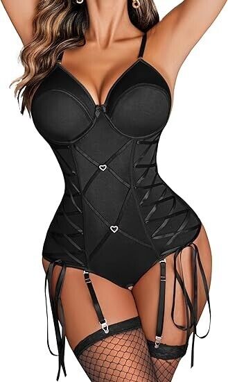 Avidlove Black Lingerie Corset Bodysuit Women Teddy Bodydoll Satin Lingerie, XXL