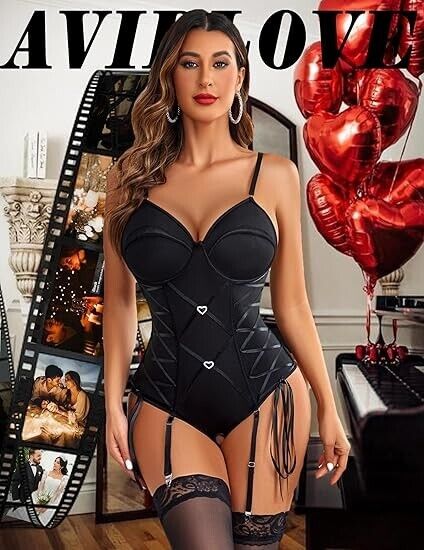 Avidlove Black Lingerie Corset Bodysuit Women Teddy Bodydoll Satin Lingerie, XXL
