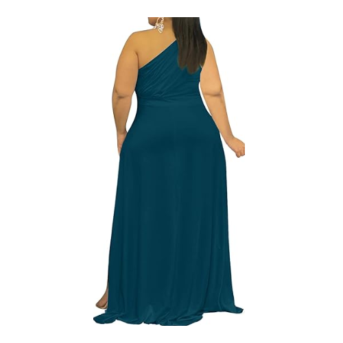 Ekaliy One Shoulder Maxi Dress for Curvy Women  Hem Flowy Summer Dress Teal 3XL