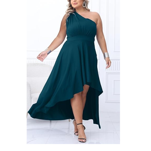Ekaliy One Shoulder Maxi Dress for Curvy Women  Hem Flowy Summer Dress Teal 3XL