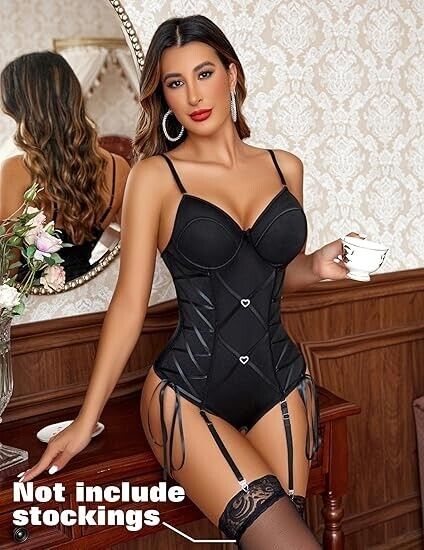 Avidlove Black Lingerie Corset Bodysuit Women Teddy Bodydoll Satin Lingerie, XXL