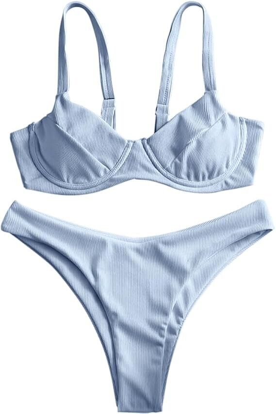 ZAFUL Underwire High Leg Ribbed Bikini Swimsuit Two Pieces Set, Blue#a, Small