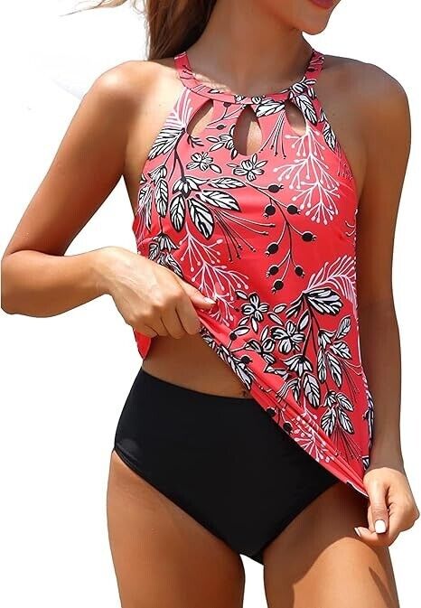 Yonique Women Two Piece High Neck Tankini Swimsuit Tummy Control Bathing Suit, L