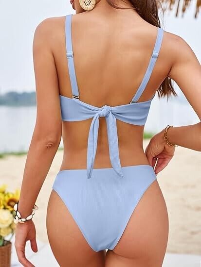 ZAFUL Underwire High Leg Ribbed Bikini Swimsuit Two Pieces Set, Blue#a, Small